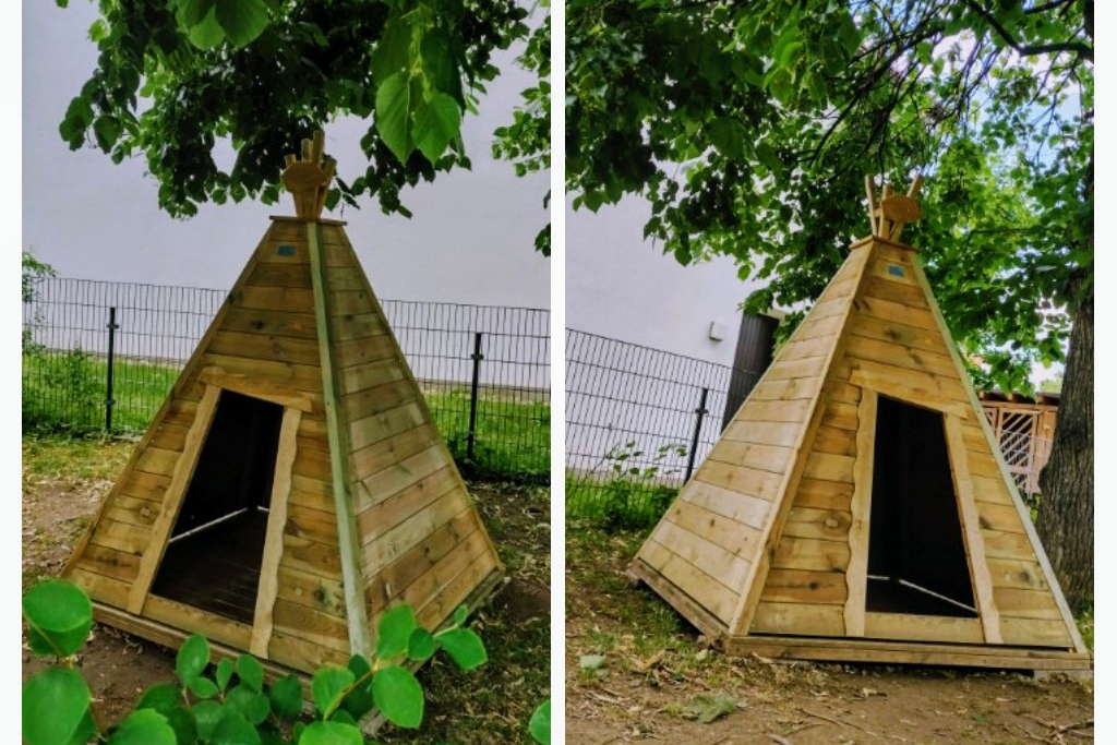 Außenansicht eines Holztipi